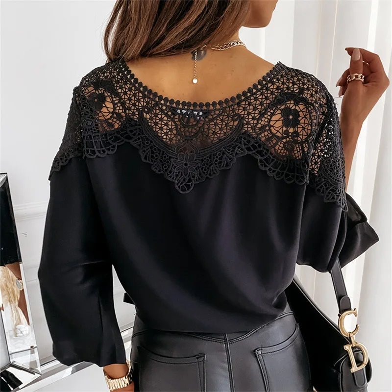 

Spring Lace Patchwork Batwing Sleeve Women Blouse Solid O-neck Hollow Out Backless Women's Shirt Summer Elegant Lady Blouses Top