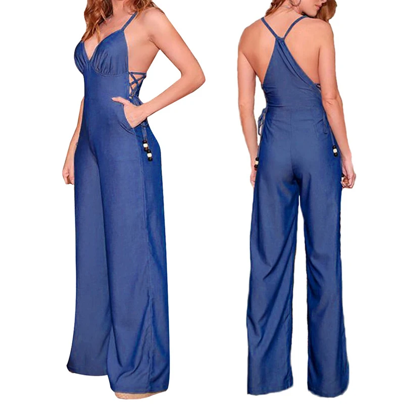 Женский джинсовый комбинезон с открытой спиной Облегающий глубоким v образным