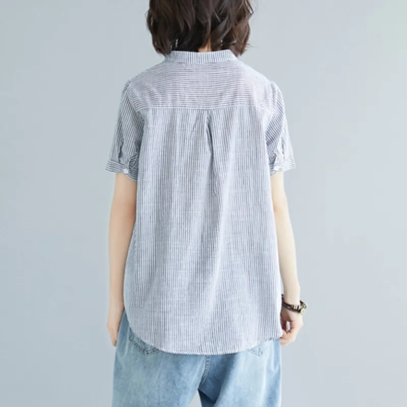 

Women Cotton Linen Casual Shirts New Arrival 2021 Summer Vintage Style Striped Fish Embroidery Female Short Sleeve Tops S3950