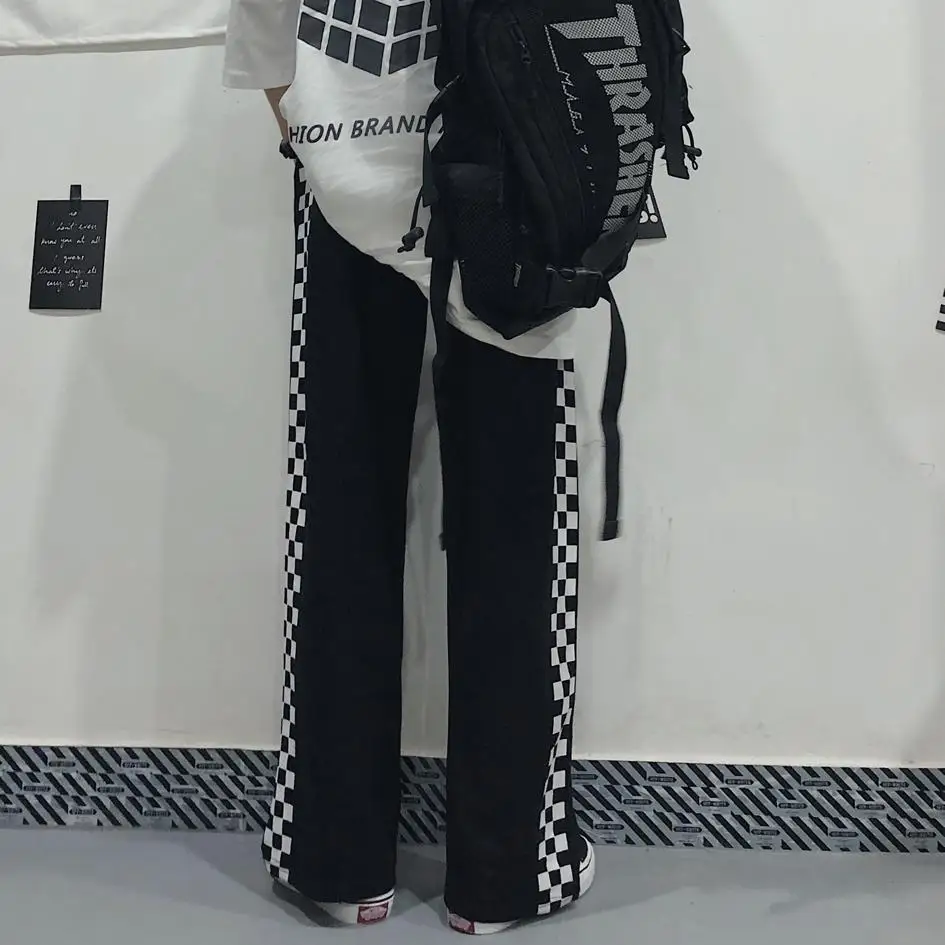 

Women's Korean Version Of All-match Casual Pants Black And White Grid Stitching Loose Wild Wide-Leg Pants Straight Casual Pants