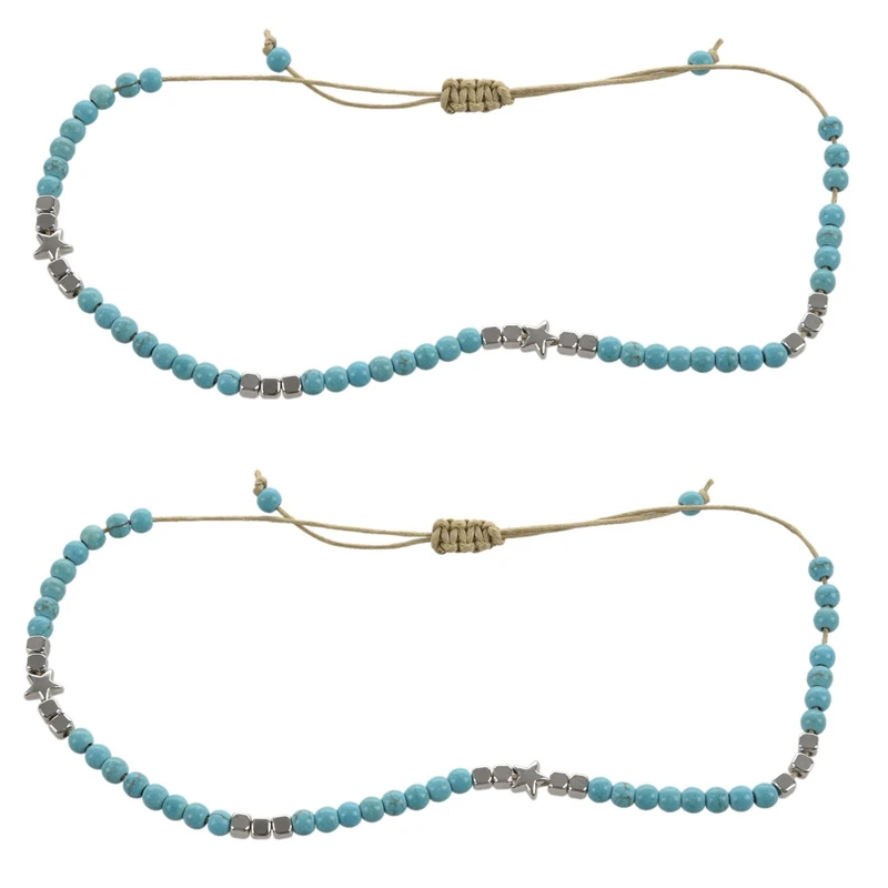 

2X Bohemian Star Beads Stone Anklets for Women Vintage Woven Rope Pendant Bracelet on Leg Anklet Beach Ankle Jewelry