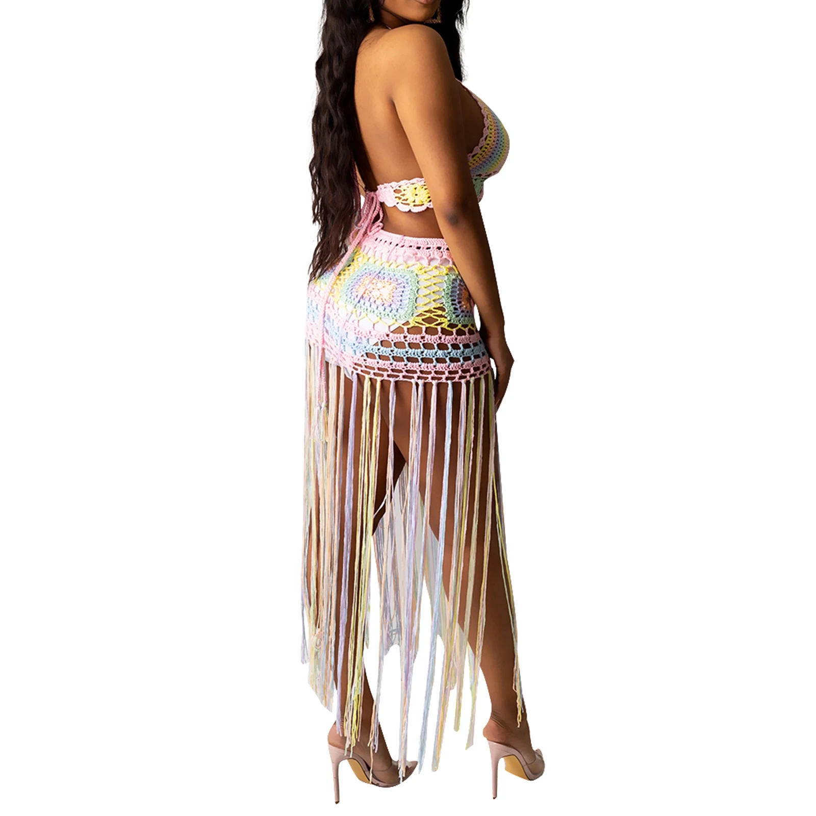 Summer Women Sexy Two-piece Clothes Casual Set Multicolor Deep V-neck Sleeveless Crop T-shirt and Long Skirt