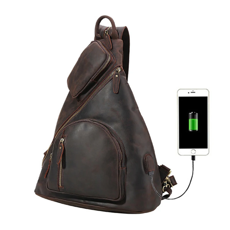 Кожаный рюкзак на одно плечо мужская нагрудная сумка большого размера с USB