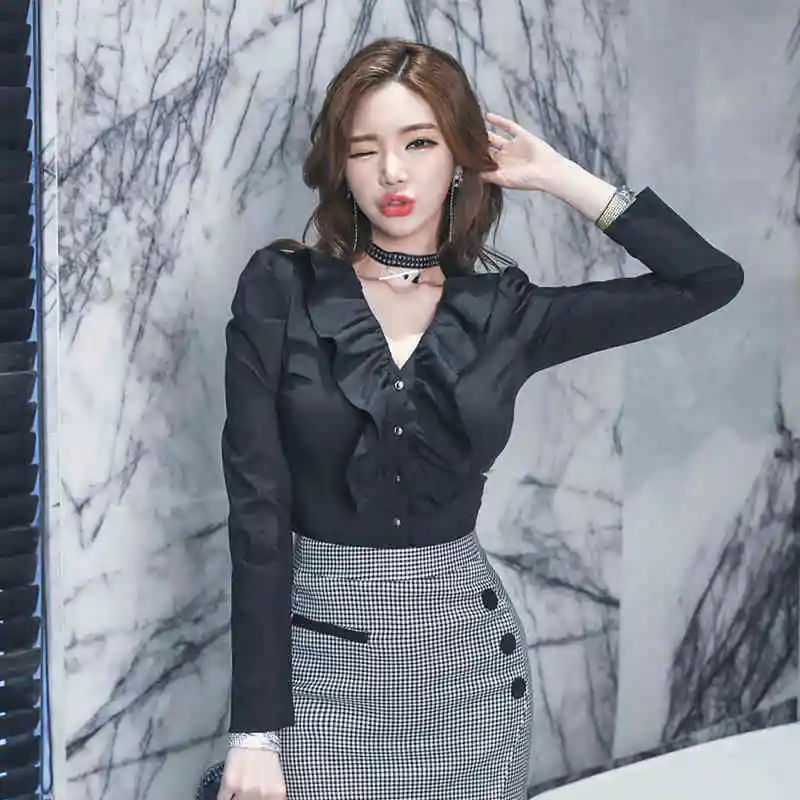 

Женская рубашка с оборками, однотонная однобортная рубашка черного цвета с V-образным вырезом и длинным рукавом, осень 2021