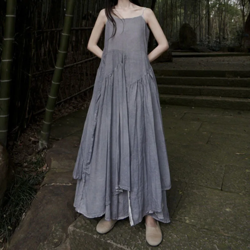 

NINI WONDERLAND Women Summer Vintage Dress 2021 Irregular Dyeing Cotton Long Dress Ladies Boho Dresses Sleeveless Slip Sundress