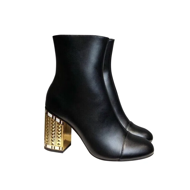 

Fashion color matching small high heels thick heel Martin boots women's simple leather side zipper fashion boots