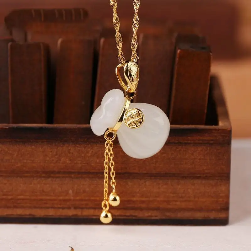 

Natural Hotian Jade Pendant Women's S925 Sterling Silver Vintage Fu Tassel Lucky Bag Silk Bag Pendant Necklace Ornament for Wome