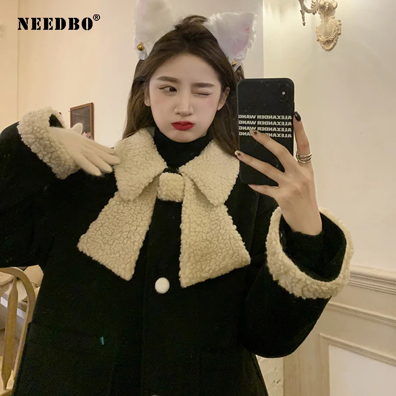 NEEDBO Winter Kawaii Coat Women Patchwork Warm Loose Outwear Thick Overcoat Fashion Woolen Lapel Coat Female Red Coats Tide