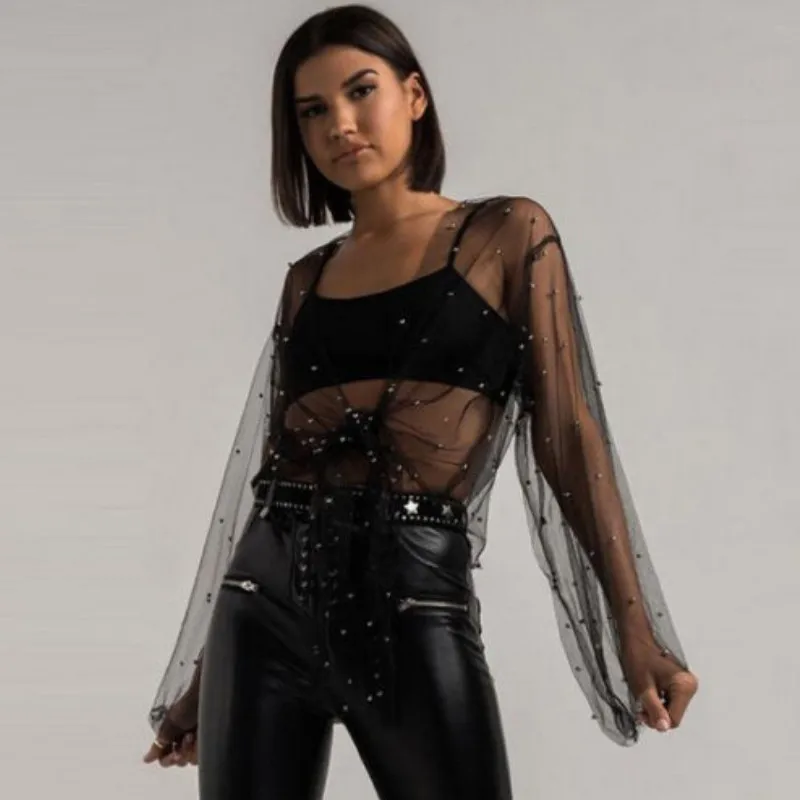 Женская прозрачная блузка с бусинами черная и красная ажурная сетчатая длинным