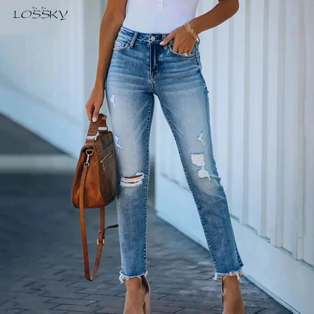 Женские джинсы больших размеров модные синие джинсовые рваные брюки с дырками