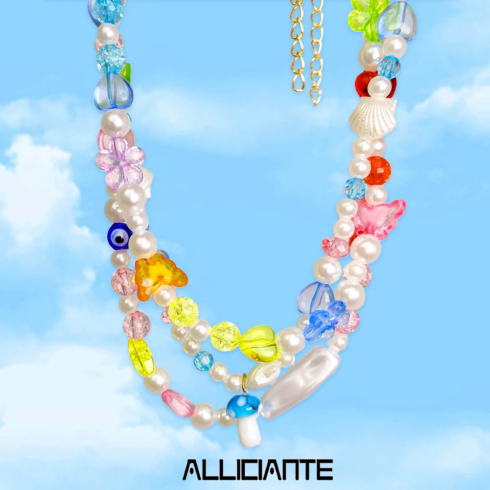 

Boho Cute Mushroom Charm Colorful Butterfly Pearl Beaded Necklaces For Women Acrylic Shell Heart Choker Summer Beach Jewelry