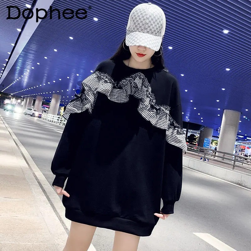 

Korean Style Loose Black Sweatshirt Women 2021 Autumn Clothing Cotton Houndstooth Ruffled Stitching Mid-Length Pullover Hoodies