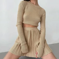 autumn new knitted skirt sets women solid suits with skirt long sleeve slim crop sweater and pleated skirt casual matching sets