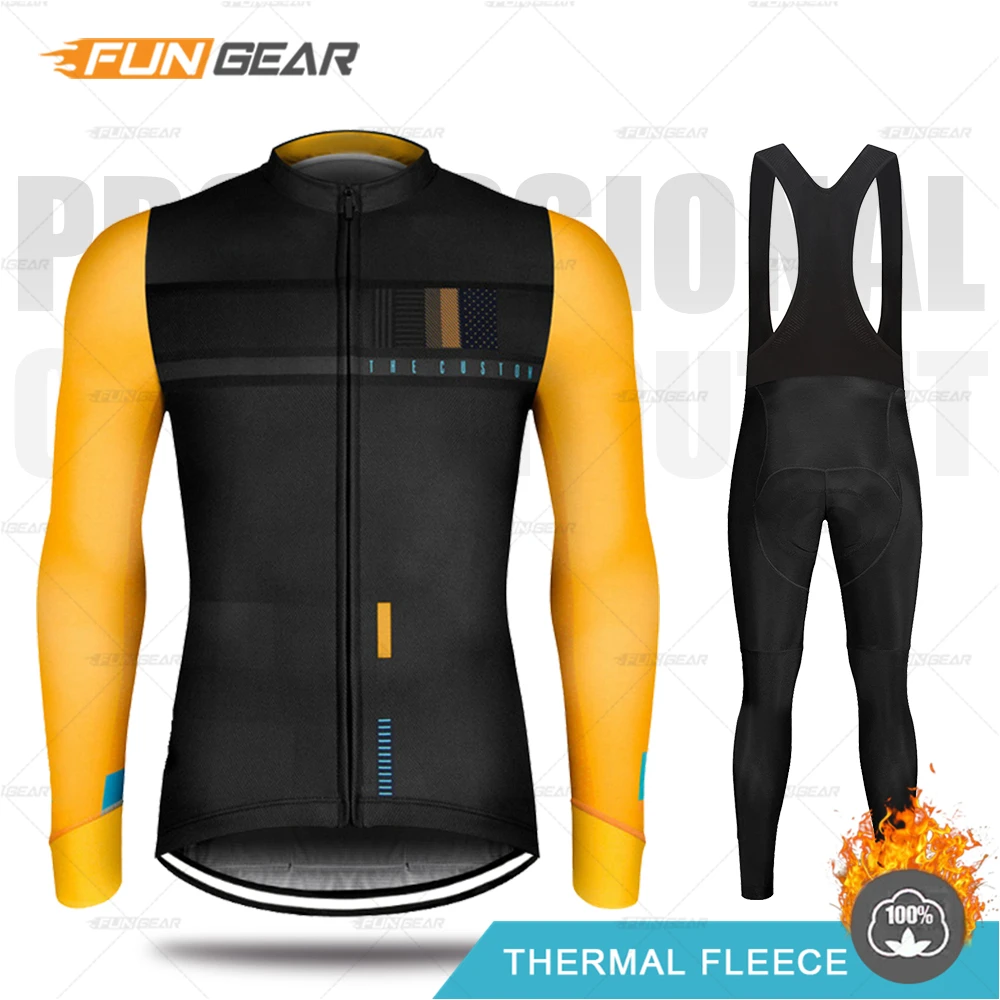 BIB SET Зимняя одежда для велоспорта для мужчин, комплект из Джерси, Теплая Флисовая одежда с длинными рукавами, одежда для холодной защиты, сохраняющая тепло, Профессиональная форма для езды на велосипеде - Цвет: BIB SET
