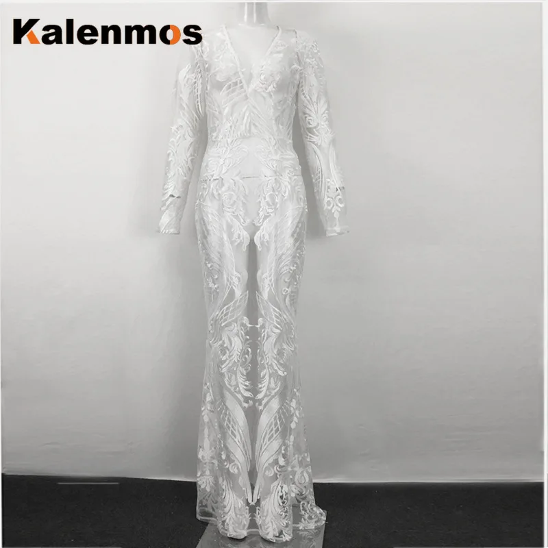 Long Party Dress Women Lace Embroidered V-Neck KALENMOS White Wedding Evening Elegant Maxi Vestidos Formal Gowns Robe | Женская одежда