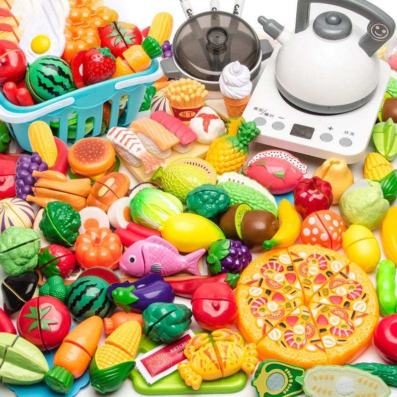 

Пластиковая кухонная игрушка, 77 шт., корзина для покупок, набор для резки фруктов и овощей, еда, игрушки-симуляторы для игрового домика, подар...