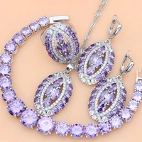 women silver 925 jewelry sets purple amethyst crystal exquisite tennis earrings rings fashion necklace set dropshipping