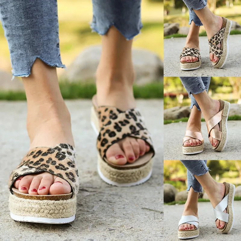 

2020 New est Women's Wedge Slippers Fashion Casual Platform Slippers Platform Sandals Slippers Women's Leopard Knit Slippers