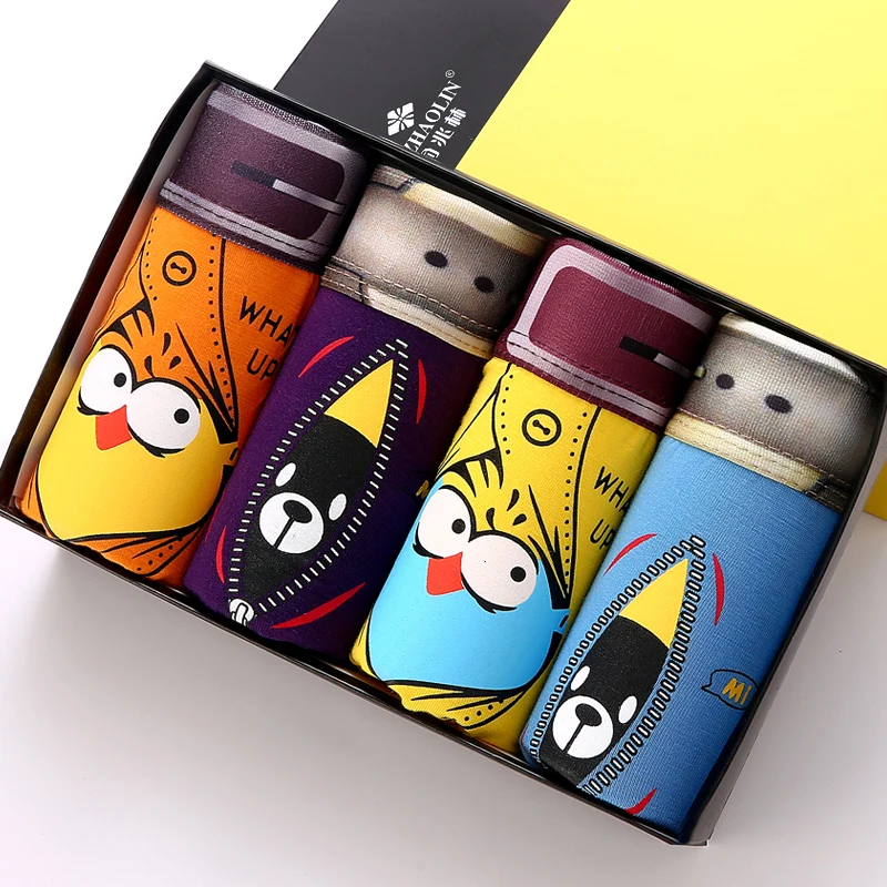 4 шт./партия, Модальные боксеры, мужское нижнее белье, мужские трусы-боксеры, боксерские шорты, сексуальные мужские трусы, дышащие трусы с средней талией, трусы-боксеры с принтом - Цвет: Bear and Little Bird