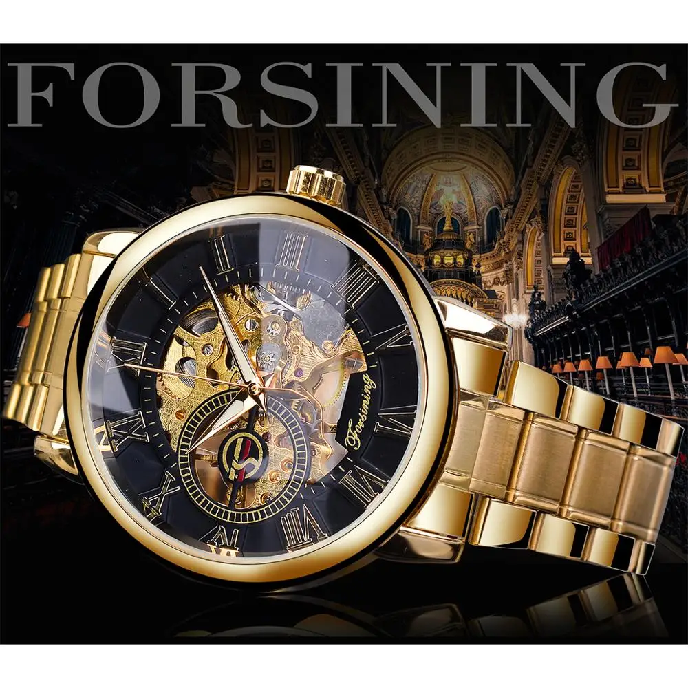Механические часы Forsining с золотым скелетом, ручная обмотка, мужские роскошные брендовые наручные часы из нержавеющей стали, деловые наручные часы Relogio