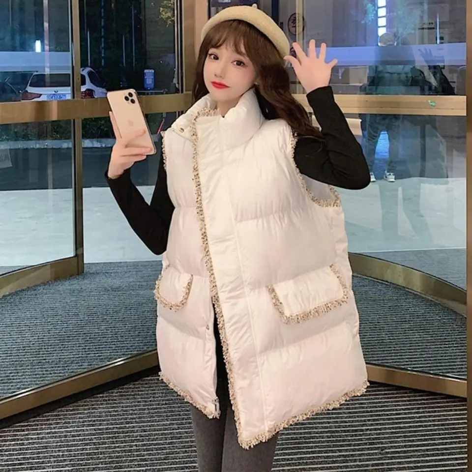 

Women 2021 Fashion Cotton Padded Waistcoat Vintage Pocket Sleeveless Vest Female Korean Casual Loose Stand Collar Outerwear R8