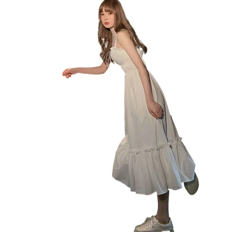 

2021 branco elegante vestido feminino sem mangas cinta kawaii vestido de uma coreano festa noite para feminino casual sling