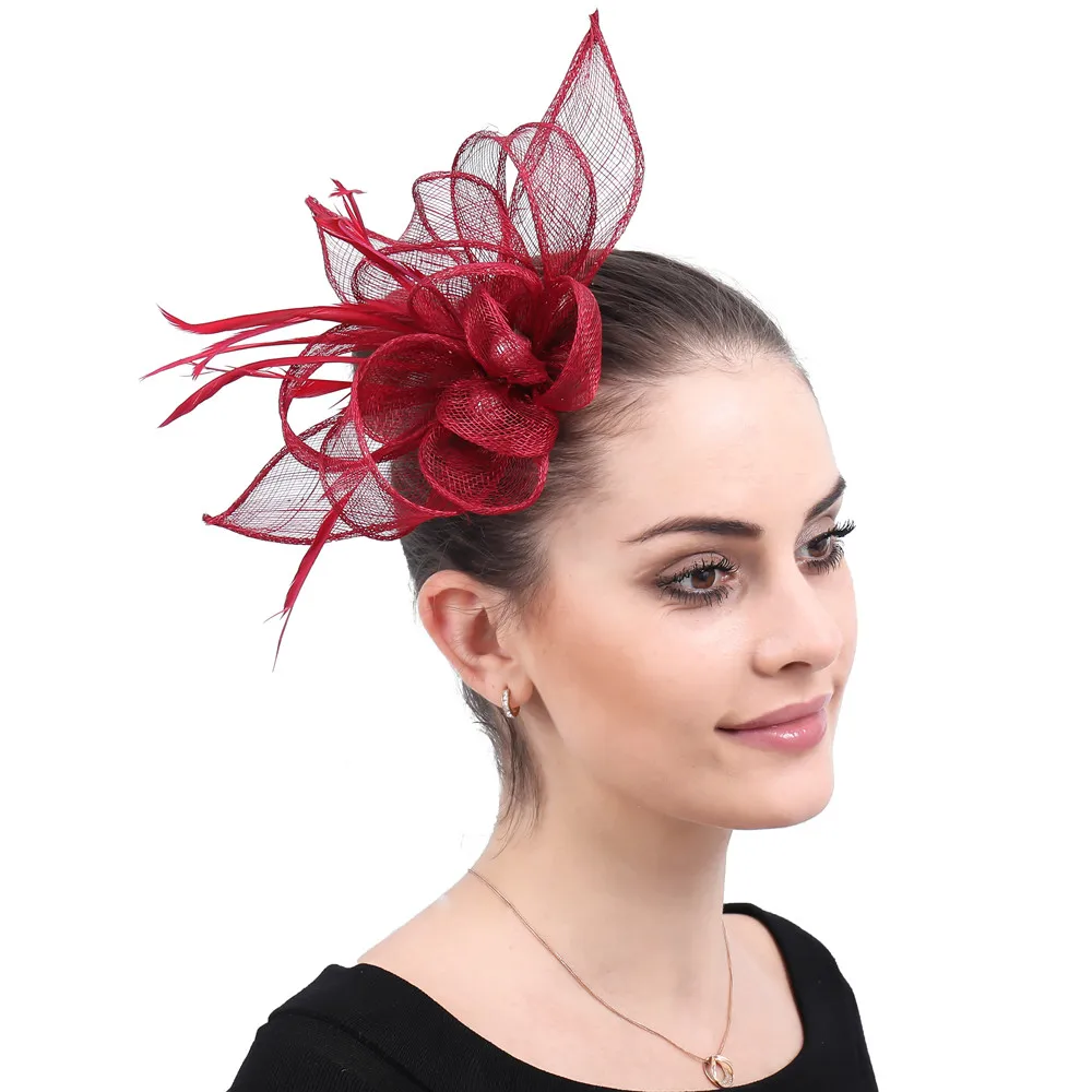 

Brides Wedding Hair Fascinator With Hair Clips Feathers Vintage Marron Sinamay Ladies Headwear Bridal Party Hair Accessories