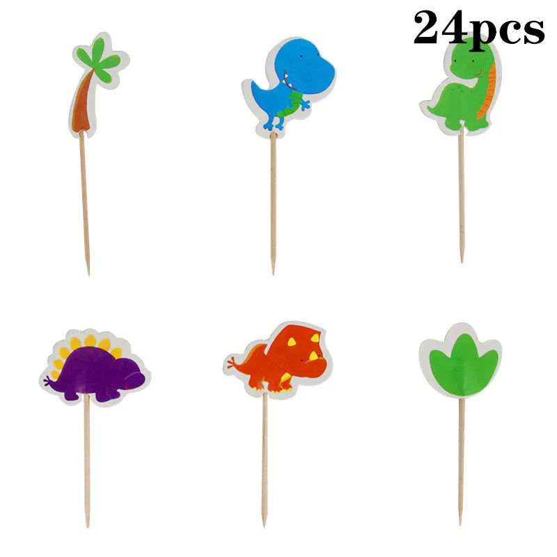 toothpick flag 24pcs Мотив динозавра праздничный набор столовой посуды Одноразовая бумажная тарелка скатерть торт Топпер с первого дня рождения товары для мальчиков - Цвет: toothpick flag 24pcs