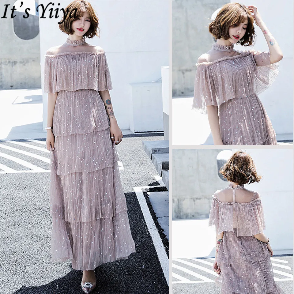 Женское платье с блестками It's Yiiya высоким воротником и коротким рукавом