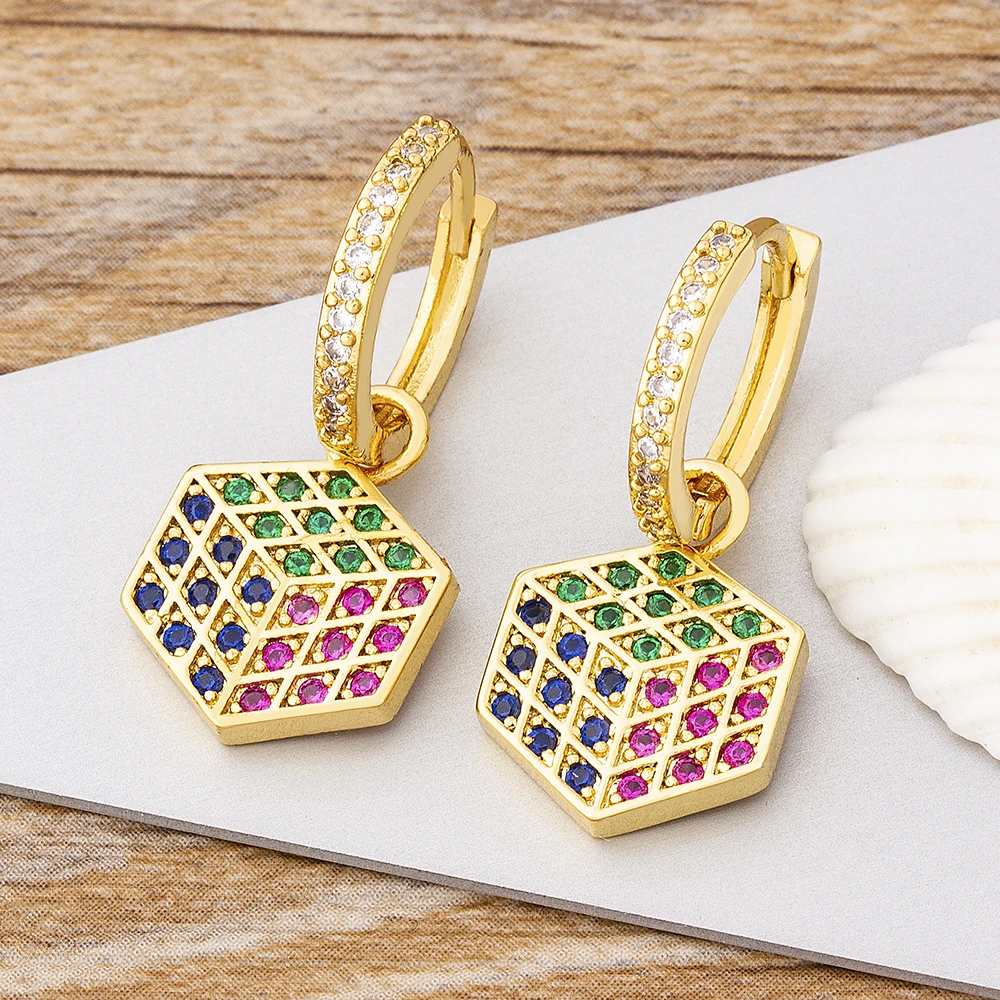 

New Design Hexagon Jewelry 10 Styles Luxury Exquisite Gold Plated Crystals Copper Zircon Drop Earrings Best Party Wedding Gift