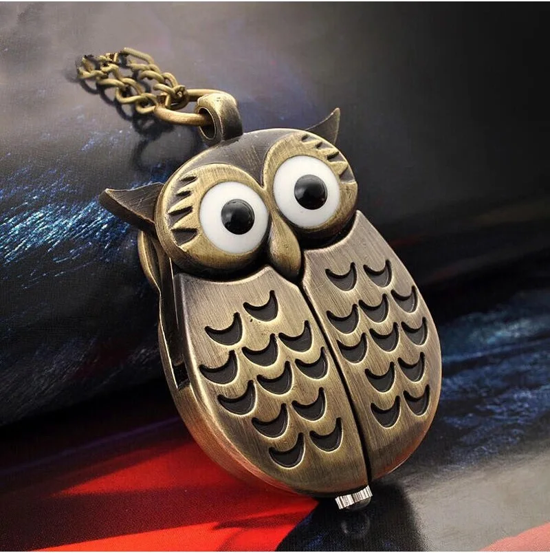 

Vintage Bronze Cute Owl Pocket Watch Fob Chain Necklace Men and women waterproof creative miniature owl cute flip hanging watch