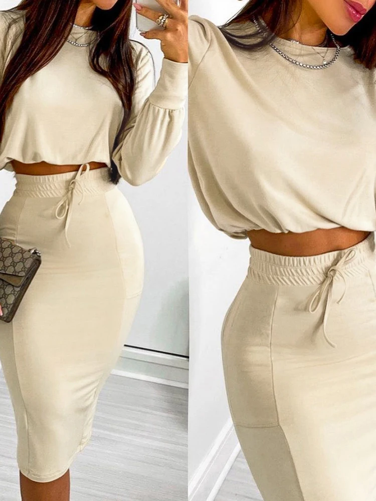 

Autumn 2021 Women Long Sleeve Top & Drawstring Shirred Skirt Lady Overalls two Pieces Plain Hoodies With Skirt Sets