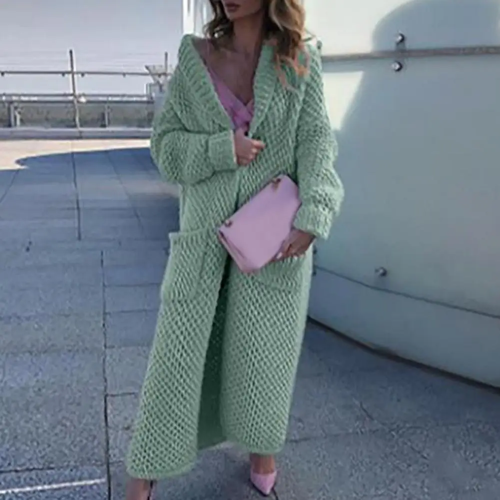 

New Stylish Women Long Cardigan Solid Color Pockets Autumn Winter Lapel Long Sleeve Warm Sweater Coat Streetwear Female Coat