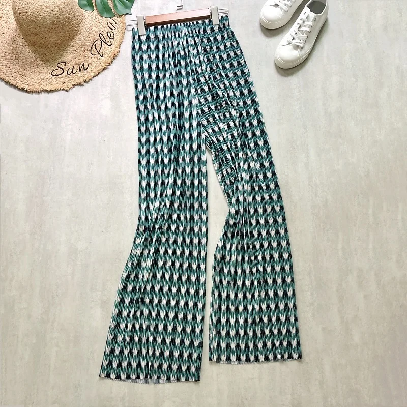 Women Long Pants Wide Leg Houndstooth Checked Plaid Printing Green Trousers Loose Korean Style High Waist Vintage Girl Pants