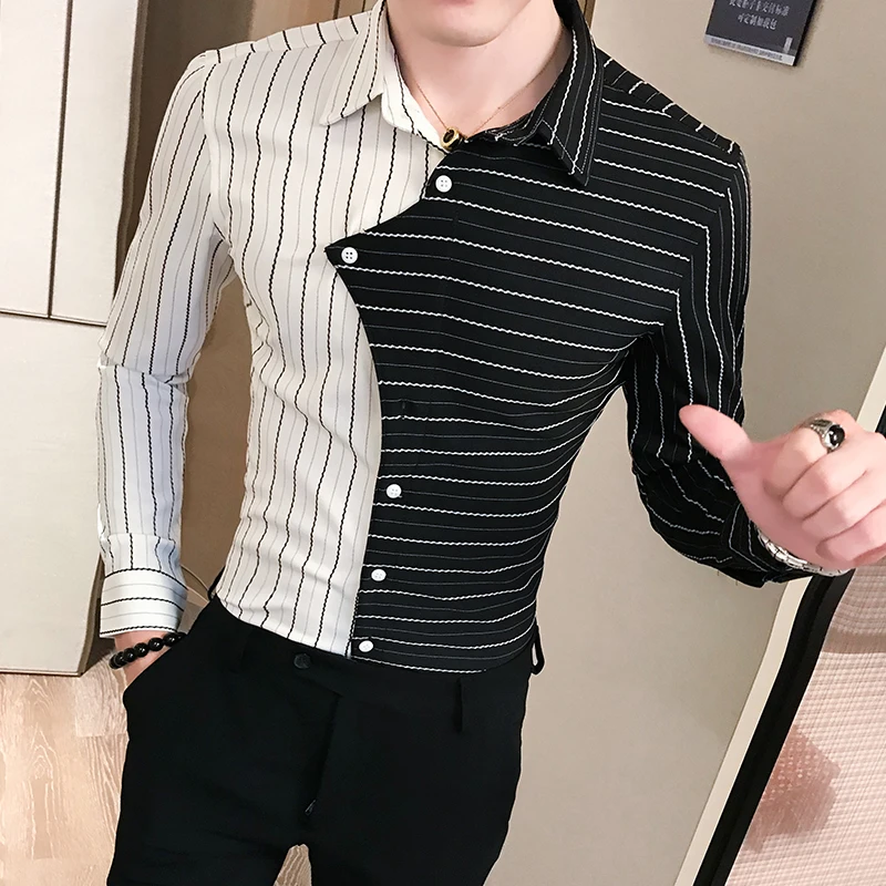 Полосатая рубашка мужская с длинным рукавом Повседневная пэчворк цветная зимняя