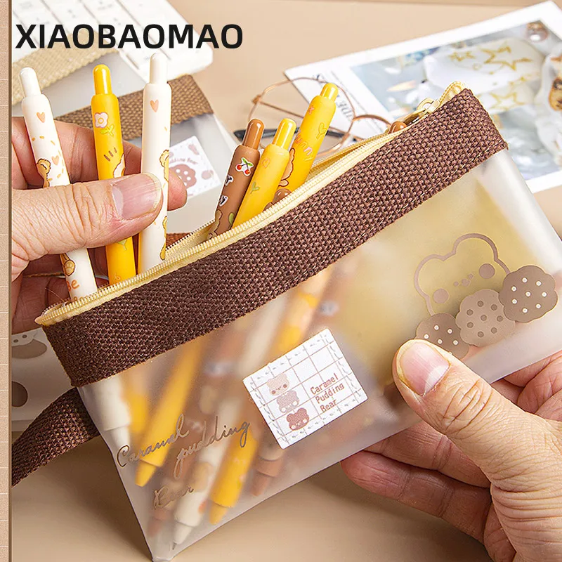 Simple Transparent Brown Bear Korean Fashion Ins Pencil Bag Pouches Stationry Organizer Pencil Case Pencilcase School Pen Case