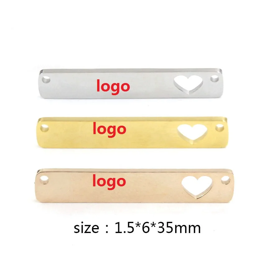 

50pcs 6*35mm Mirror Polished Stainless Steel Heart Connector Long Bar Charm Strip Pendant Customized Carve or Laser Logo Letter