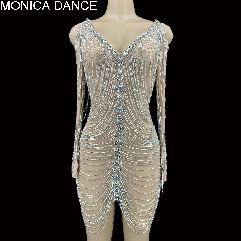 

Women Sexy Stage New Style Long Sleeve Silver Rhinestone Chains Dress Evening Birthday Transparent Outfit Dancer Sexy Dress