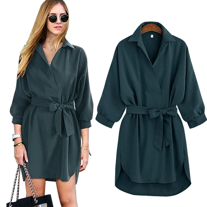 

2021 new women's spring three-quarter sleeve dress women's refuse loose collar shirt belt elegant plus size regular