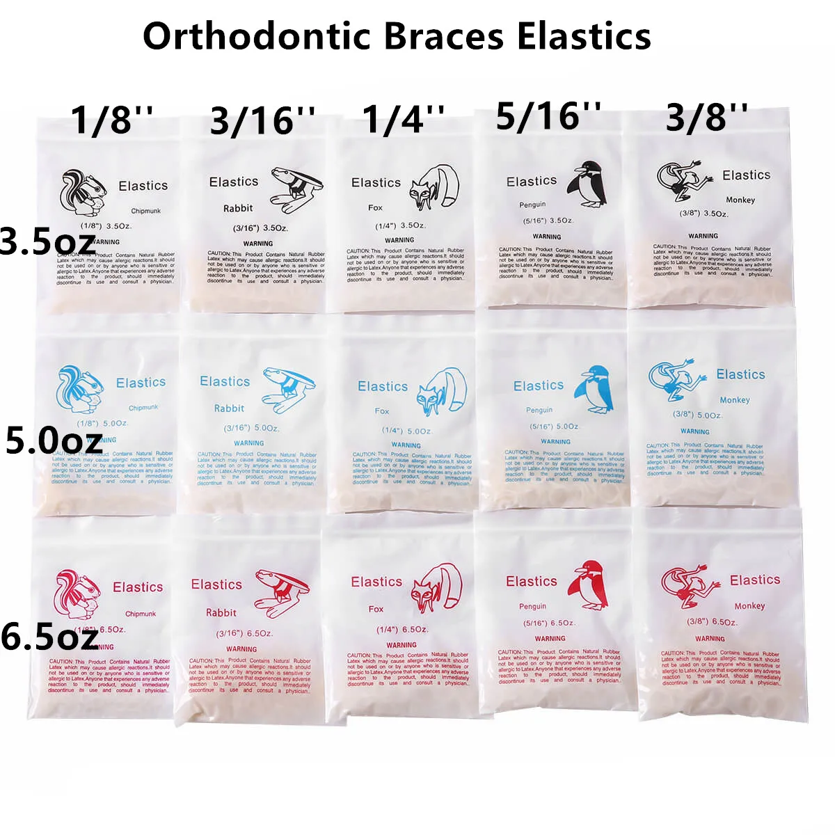 Bandas de goma para ortodoncia Dental, cintas elásticas de látex para ligaduras, tirantes elásticos, tamaño 15, 1000 oz, 3,5 oz, 5,0 oz, 6,5 piezas