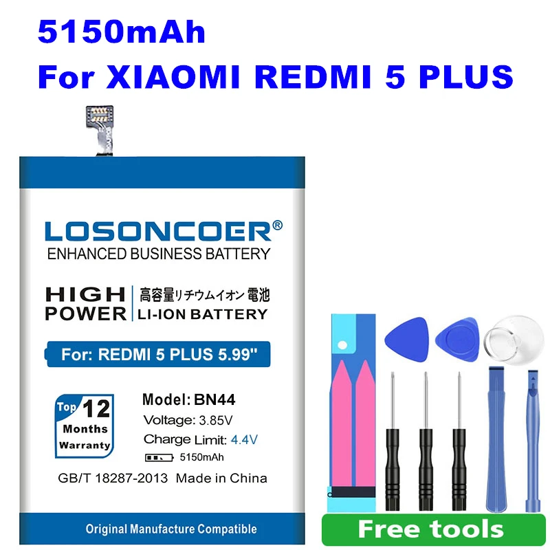 Аккумулятор LOSONCOER BN44 на 5150 мА · ч для Xiaomi Redmi 5 plus 99 дюйма Hongmi Plus аккумулятор большой