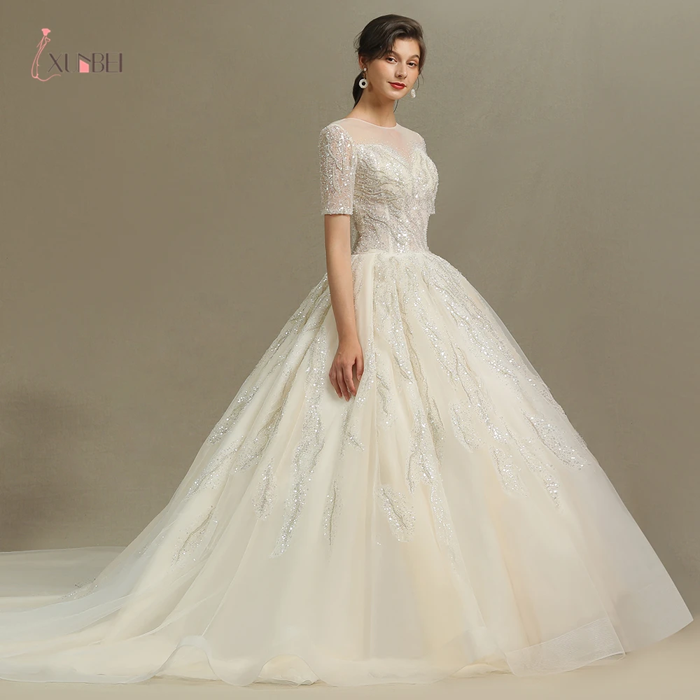 2021 New Arrivals 100% Real A Line Wedding Dresses O Neck Beading Sequins Short Sleeves Mariage Bride Dresses Custom Dresses