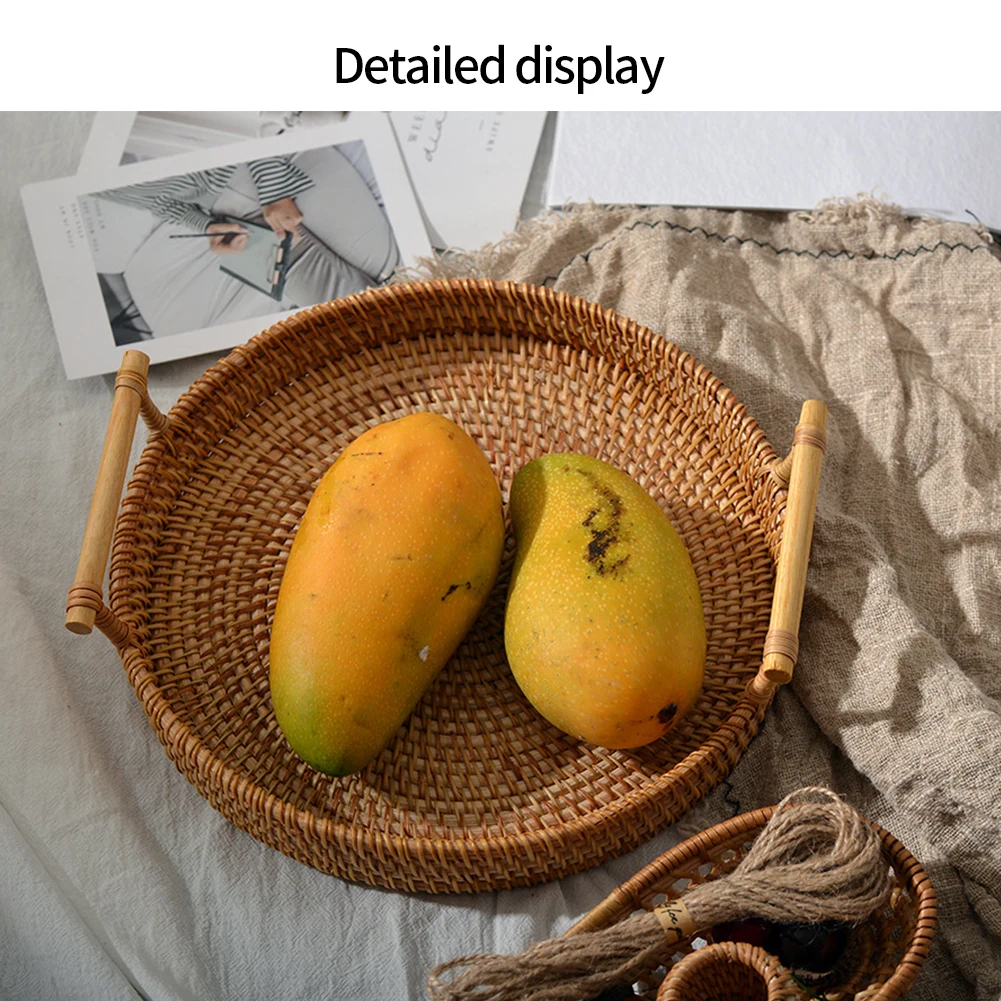 

Round Rattan Storage Tray Hand-Woven Wicker Basket With Handle For Bread Fruit Food Breakfast Display Storage Baskets