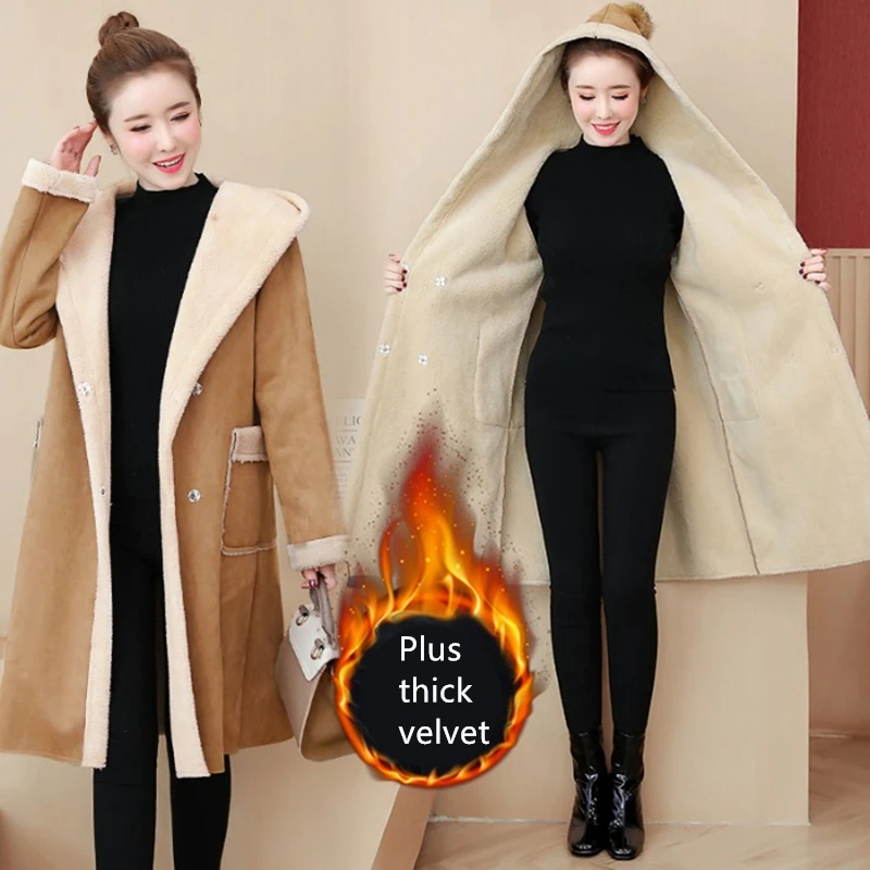 XL Ms. 2021 Autumn Winter New Fat Mm Deerskin Lambskin Jacket Plus Velvet Thick Hooded Cotton Jacket Fashion Wild Slim Slimming