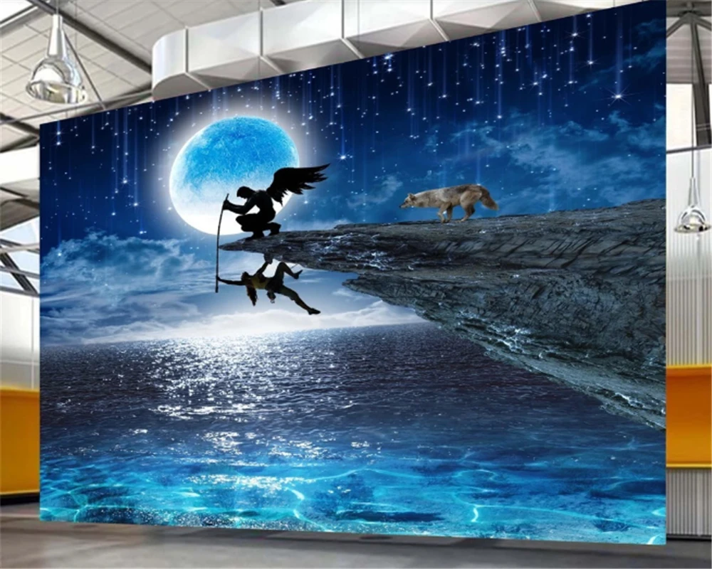 

beibehang Custom silk wallpaper love rescue angel full moon night creative landscape background wallpaper home decoration fluff