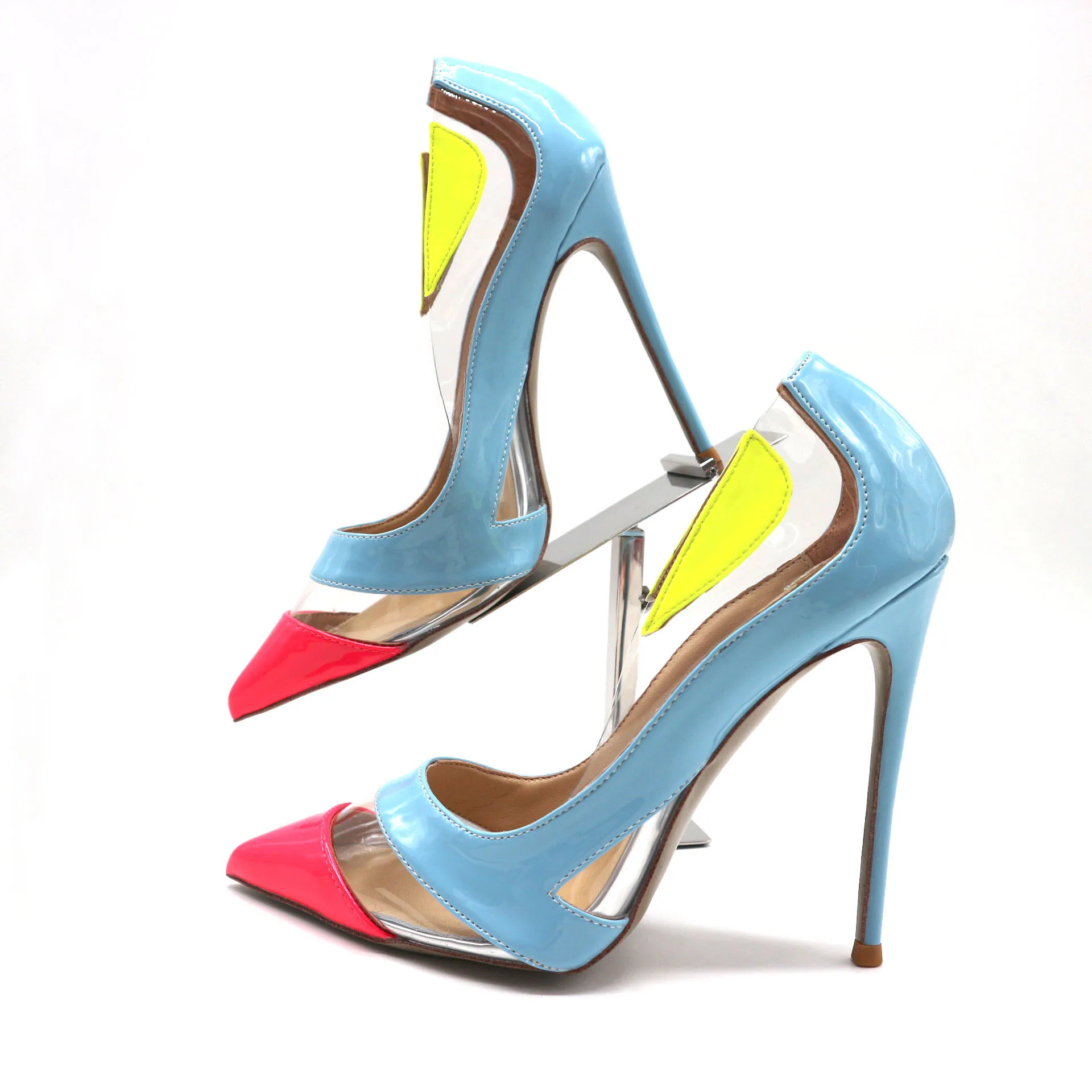 

Mixed Blue Pink Yellow PVC Clear High Heel Shoes Shallow Cut-out Patchwork Women Dress Shoes Pointed Toe Transparent Heels Pumps