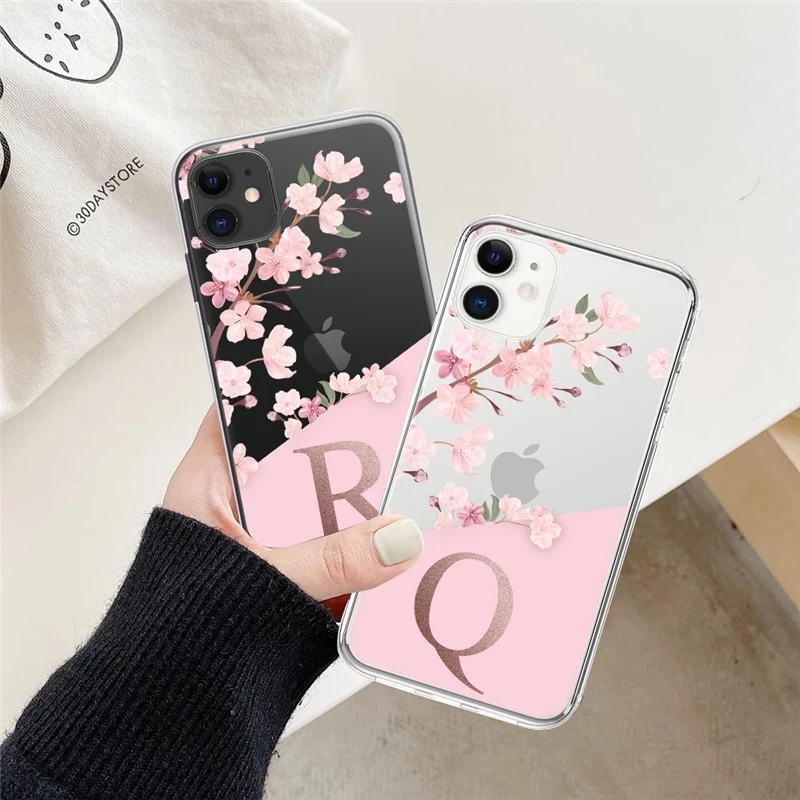 pink flowers initial letter a to z transparent phone case for iphone 11 13 pro max 12 pro max 7 8 plus xs max x xr soft cover free global shipping