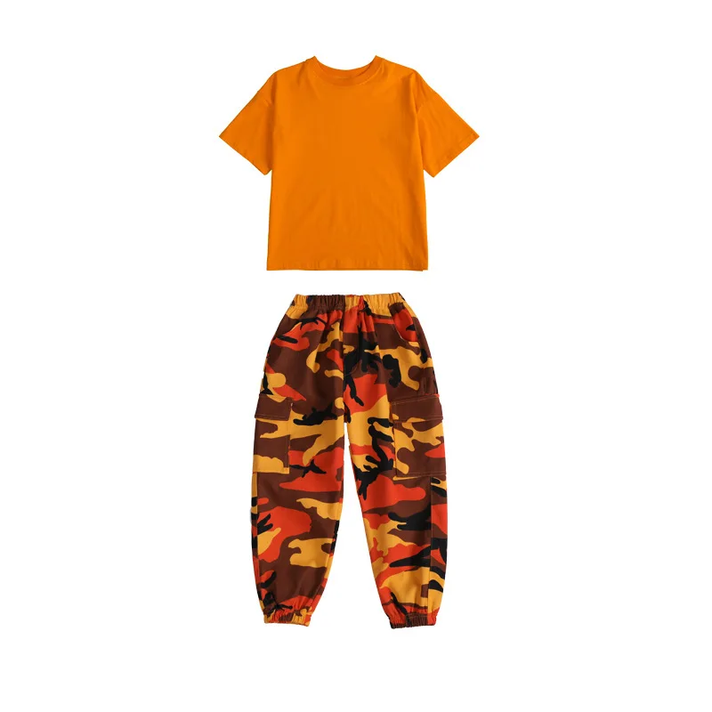

Kid Loose Orange Oversized T Shirt Top Camouflage Tactical Cargo Pants Hip Hop Clothing for Girls Boy Jazz Dance Costume Clothes