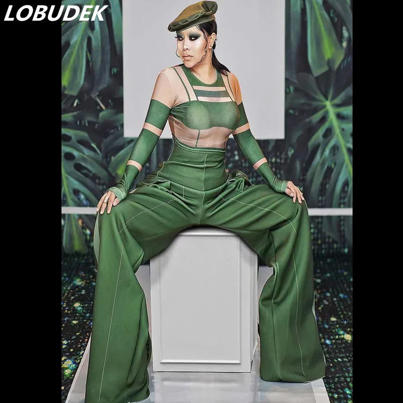 

Fashion Stretch Army Green Boot Cut Jumpsuit Hallern Jumpsuits Uniform Women Singer Dancer Nightclub Stage Wear DJ Dance Costume