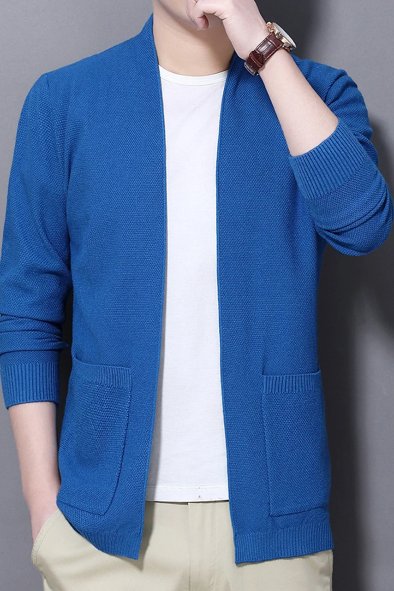 Мужской трикотажный кардиган повседневный однотонный серый приталенный свитер